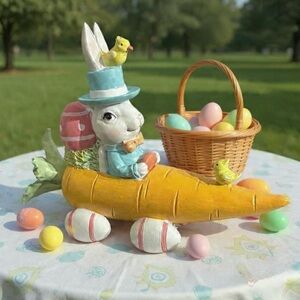 decorative Easter bunny figurine featuring a rabbit driving a carrot-shaped car